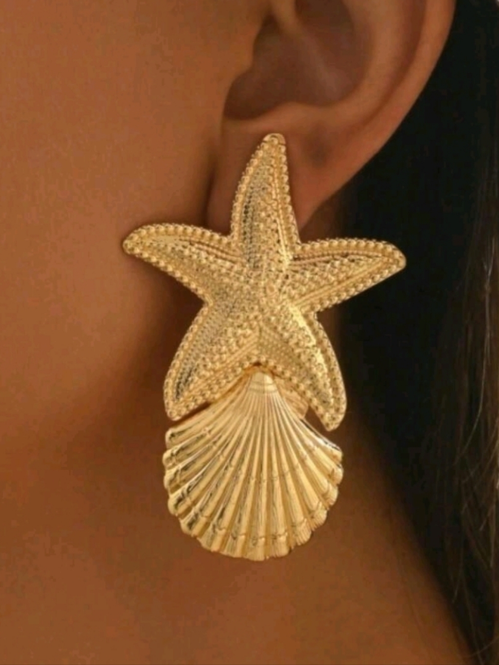 New! Stunning Gold Starfish & Shell Drop Post Earrings - Women Jewelry